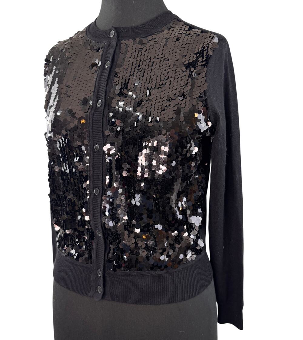 Ann Taylor Black Cardigan Sweater Sequin Crew Neck Button Petite XS X-Small NEW